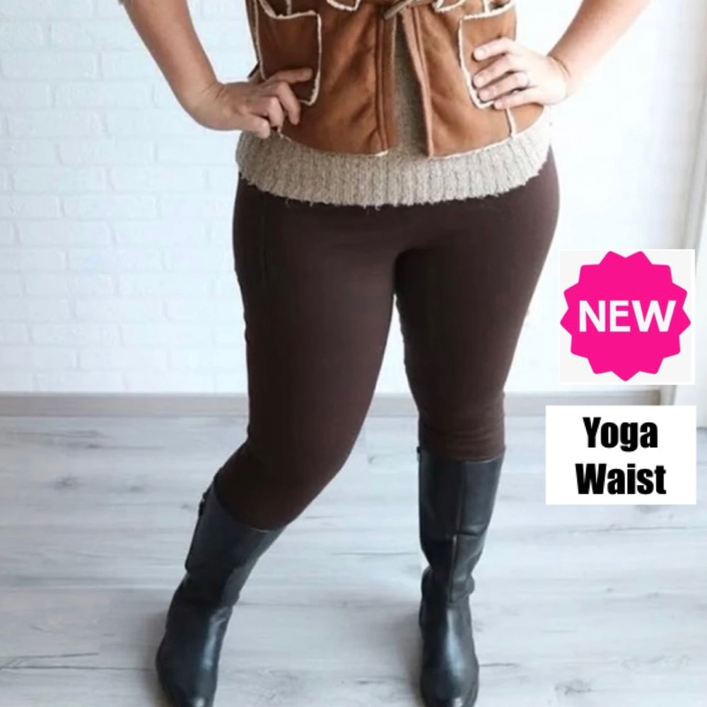 OS/Plus NEW Womens Solid Brown YOGA WAIST Leggings, Buttery Soft Yoga Pants - Picture 2 of 12